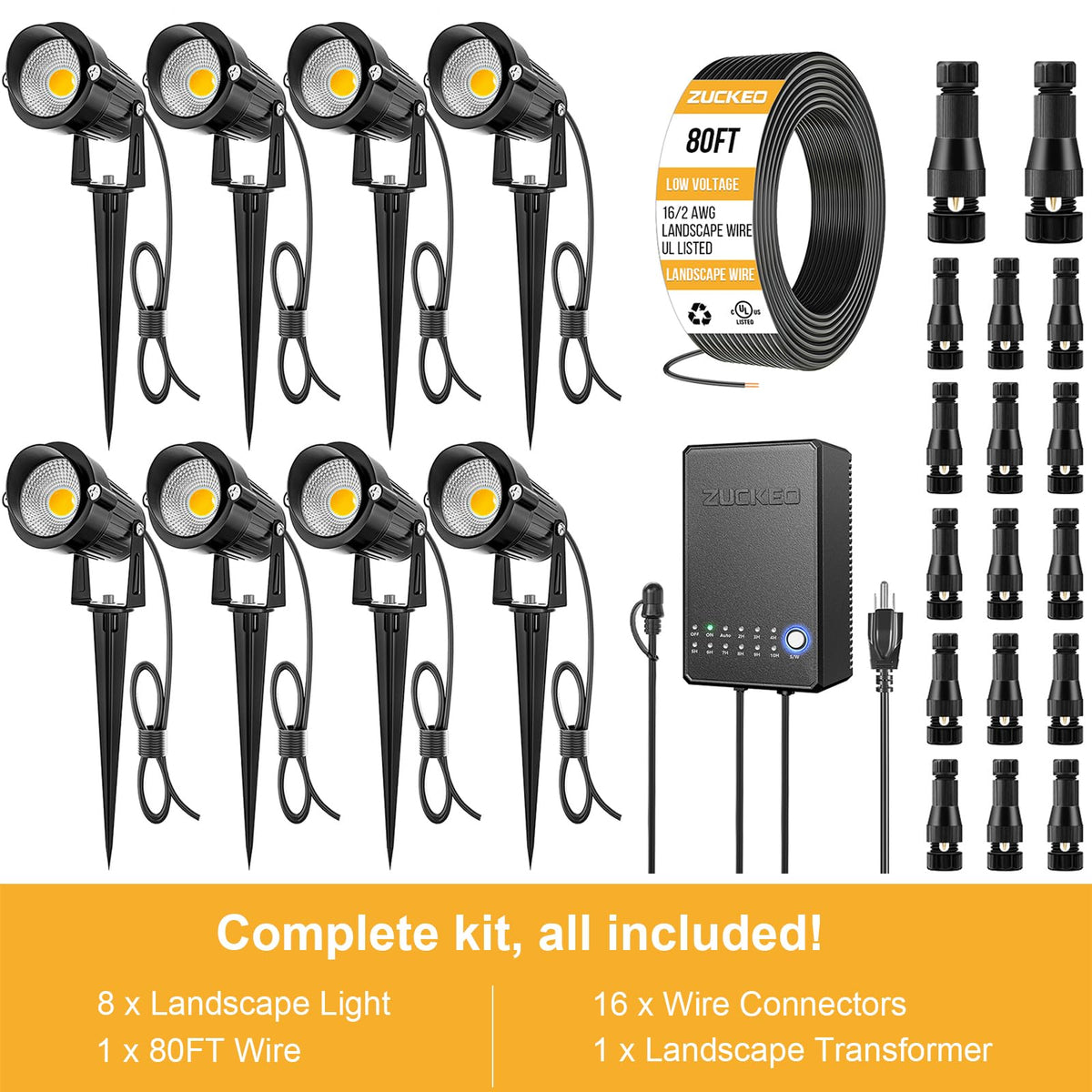 8 Pack 5W LED Low Voltage Landscape Spotlight Kit, 3000K Warm White - 60W Transformer
