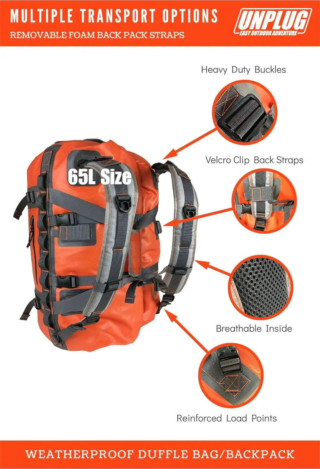 UNPLUG Waterproof Duffel Backpack, 65L, Adventure Orange - 100000