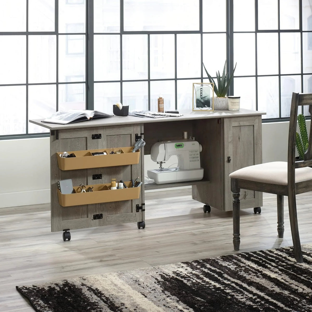 Craft Cart Rolling Sewing Storage Cabinet With Expandable Top - Mystic Oak