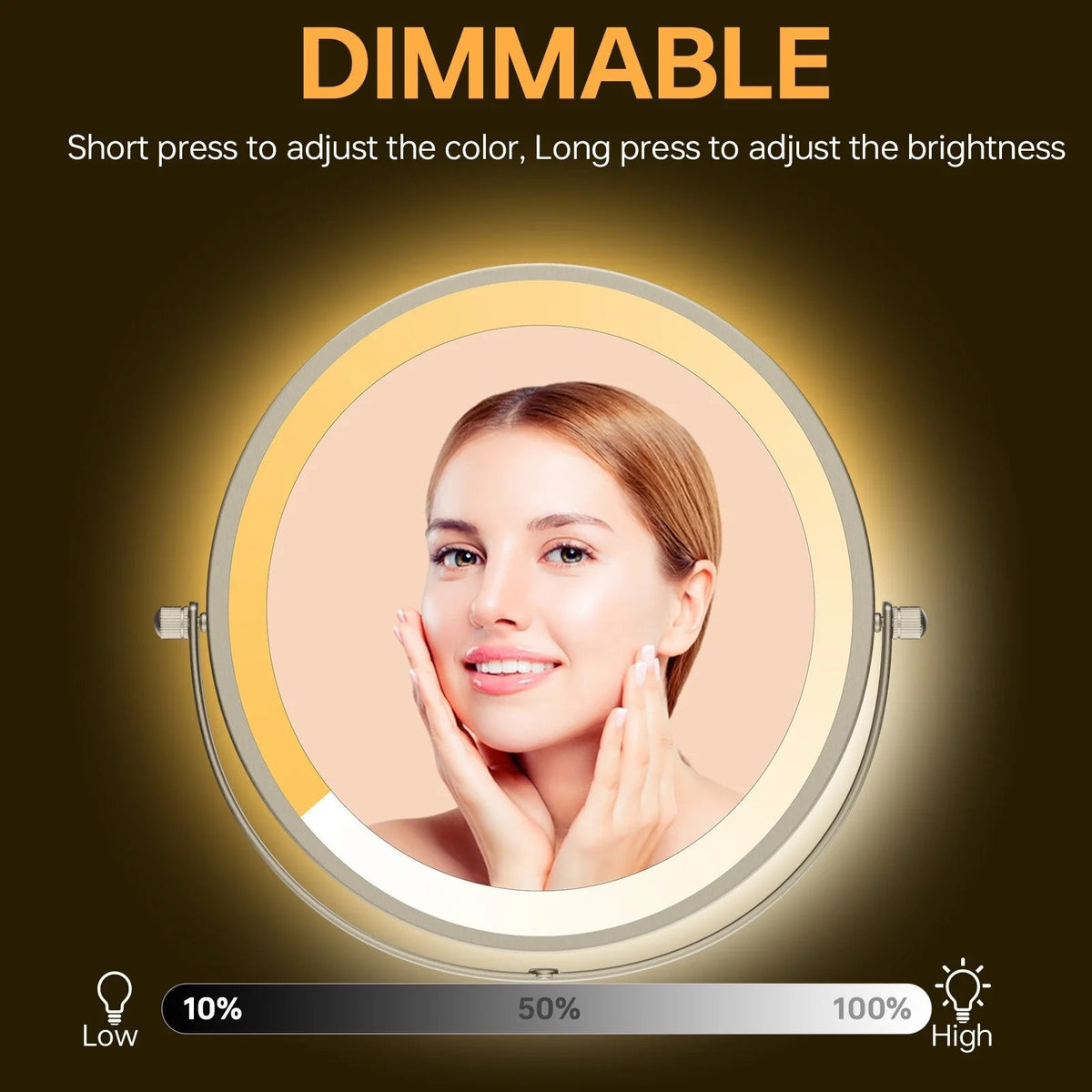 8 Inch Round Wall-Mounted Makeup Mirror, Rechargeable, 1X/10X Magnification, 3-Color LED Lights