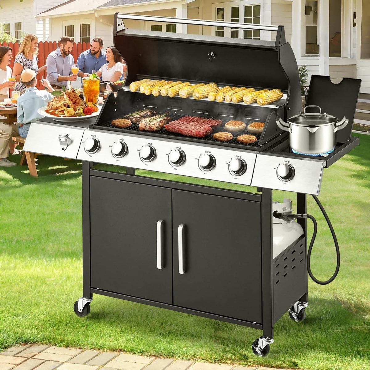 4-Burner Propane Gas Grill With Cast Iron Grates, Side Stove And 44,000 BTU Stainless Steel Burners