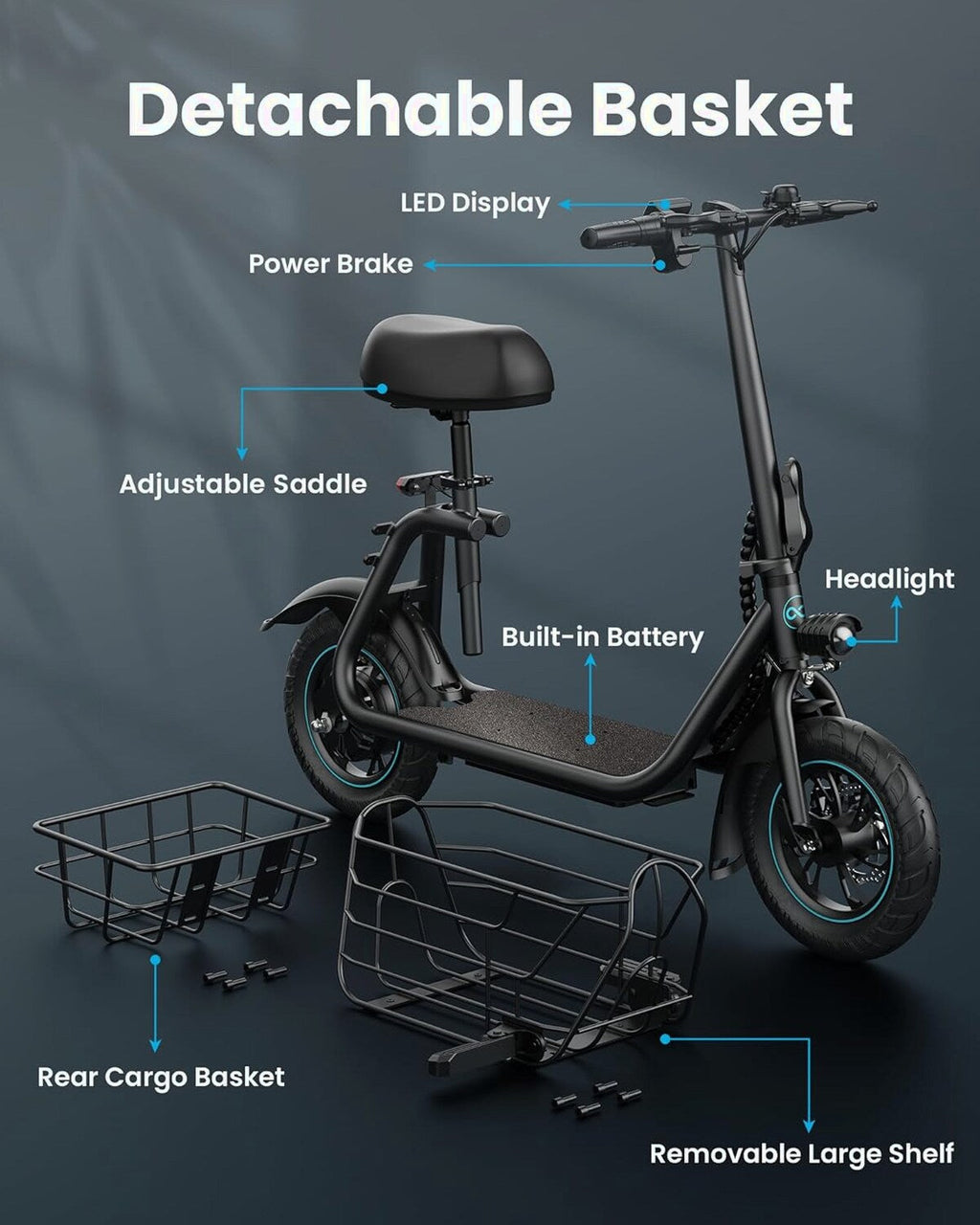 Gyroor Electric Scooter with Basket &amp; Seat, 550W, 20 Mile Range