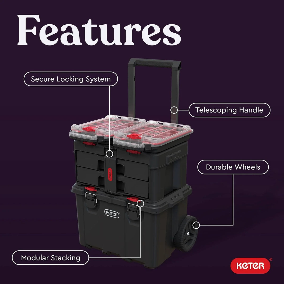Keter Rolling Tool Box System, 3 Piece, Black/Red - 3 Piece Resin Modular Toolbox System