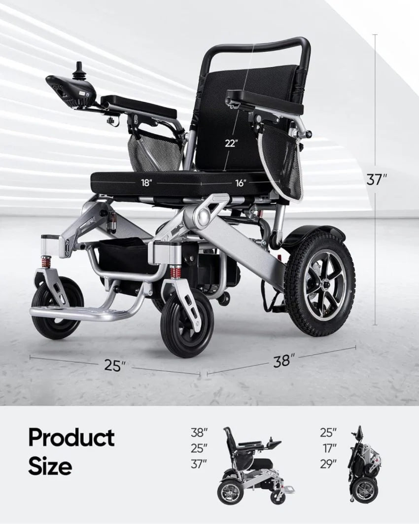VERPAL Foldable Power Wheelchair, 25 Miles, 500W Dual Motors, 38in D x 25in W x 37in H - Silver Gray