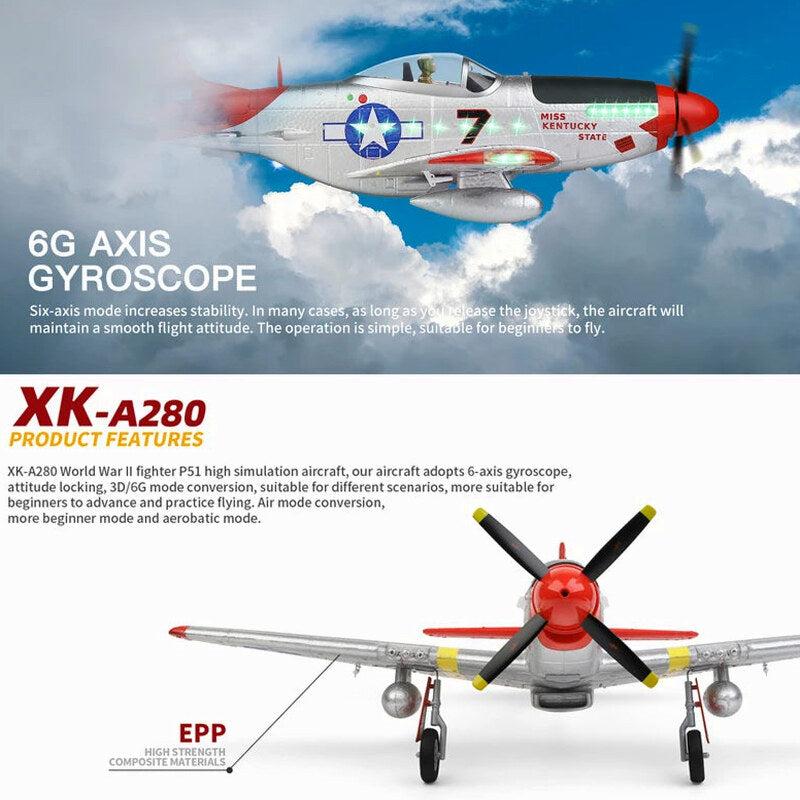 A280 RC Plane 2.4G 4CH 3D6G Mode Aircraft P51 Fighter Simulator with LED Searchlight RC Airplane Toys for Children