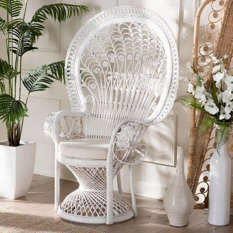 Kallima Peacock Accent Chair, White Natural Rattan, 40.90 w x 29.50 d x 58.70 h - Kallima
