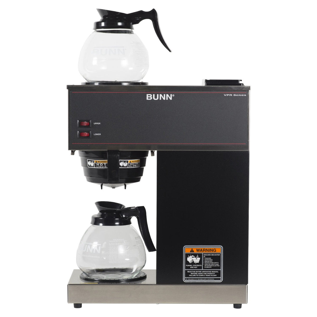 12-Cup Pourover Coffee Maker, Black, With Upper & Lower Warmers, 2 Glass Decanters - Commercial Use