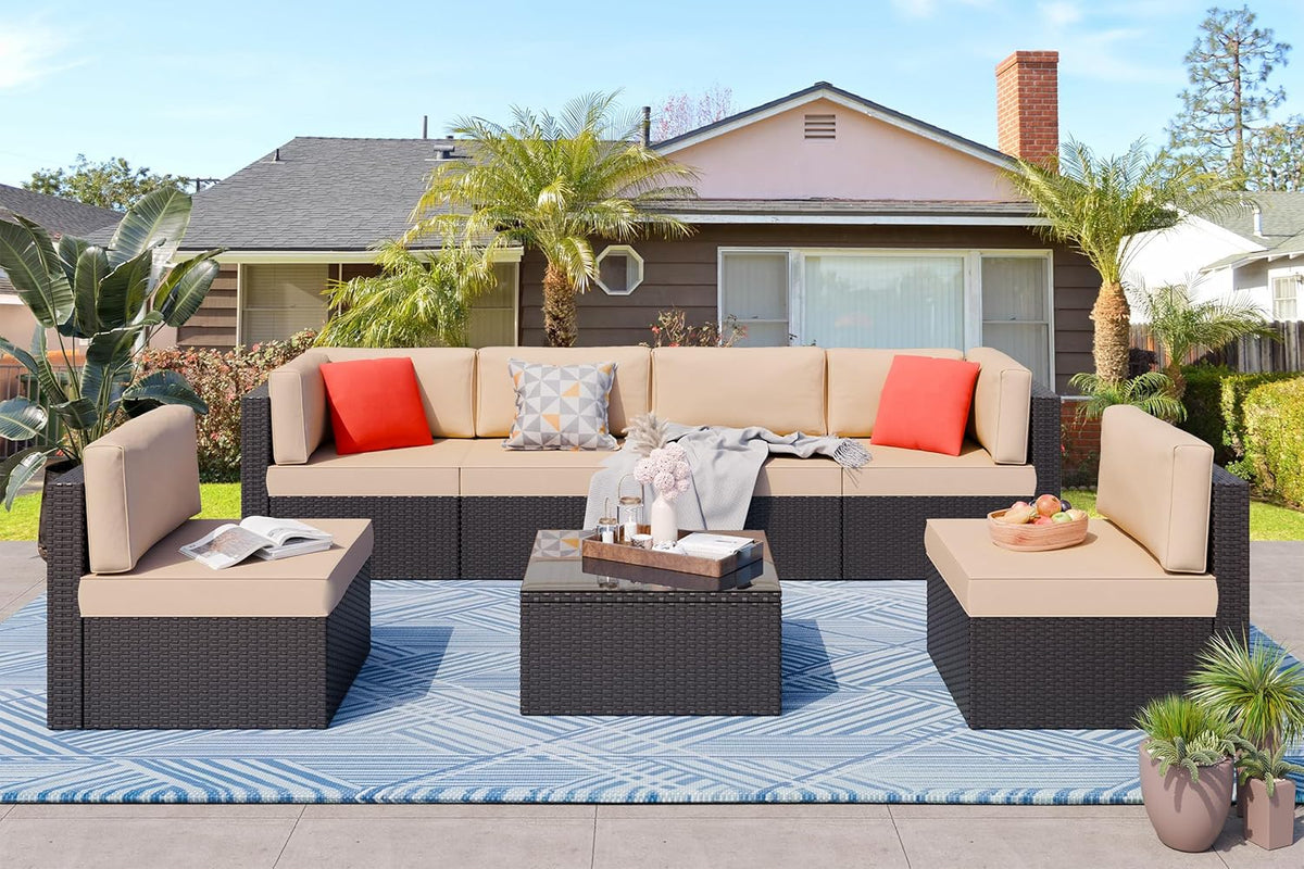 5-Piece All-Weather Wicker Patio Conversation Set With Ottoman And Cushions