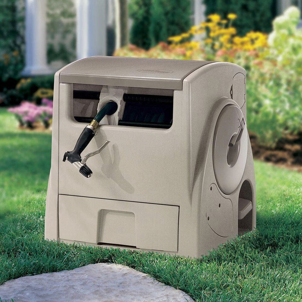 Suncast 100 ft. Powerwind Auto Power Rewind Hose Reel, Light Taupe