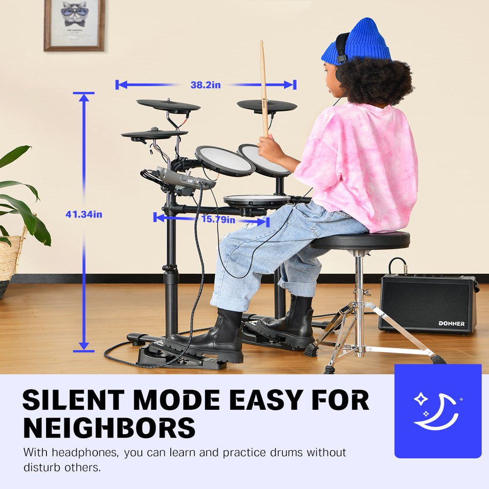 Donner Kids Electric Drum Set With 68+ Sounds, Mesh Pads And Headphones - DED-70