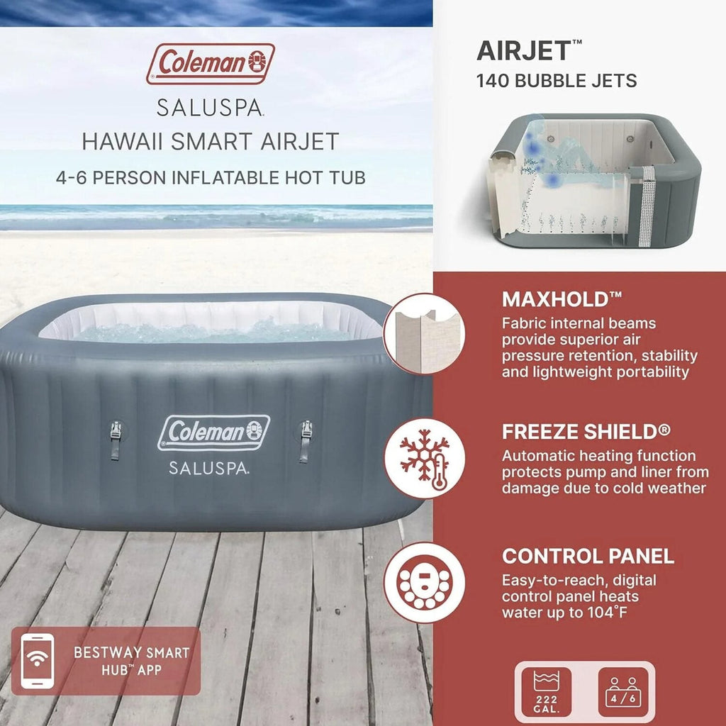 4 to 6 Person Inflatable Hot Tub Square Portable Outdoor Spa with 114 Soothing AirJets and Insulated Cover, Gray-Coleman