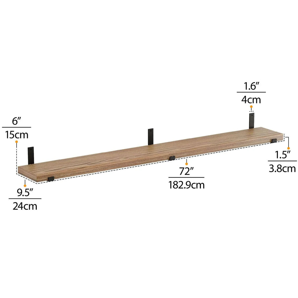 72 Inch Paulownia Wood Floating Wall Shelves, Set Of 2, Burnt - 72 Inch