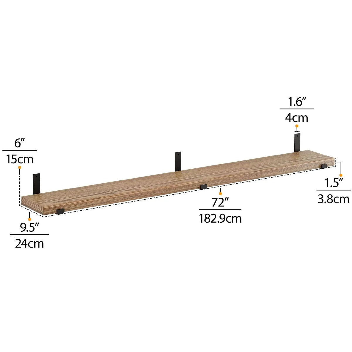72 Inch Paulownia Wood Floating Wall Shelves, Set Of 2, Burnt - 72 Inch