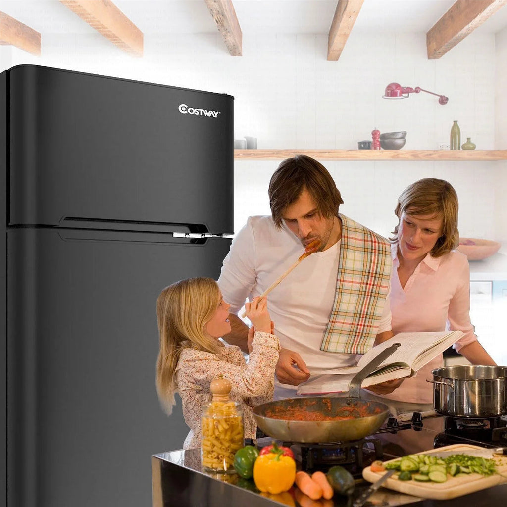 Costway Compact Refrigerator With Internal Freezer, Grey, 3.2 Cu. Ft.