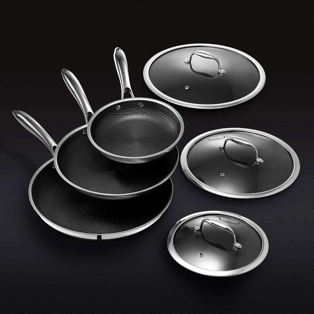 HexClad 6 Piece Hybrid Stainless Steel Cookware Pan Set 8 inch 10 inch 12 inch with Glass Lids Size: One size Black
