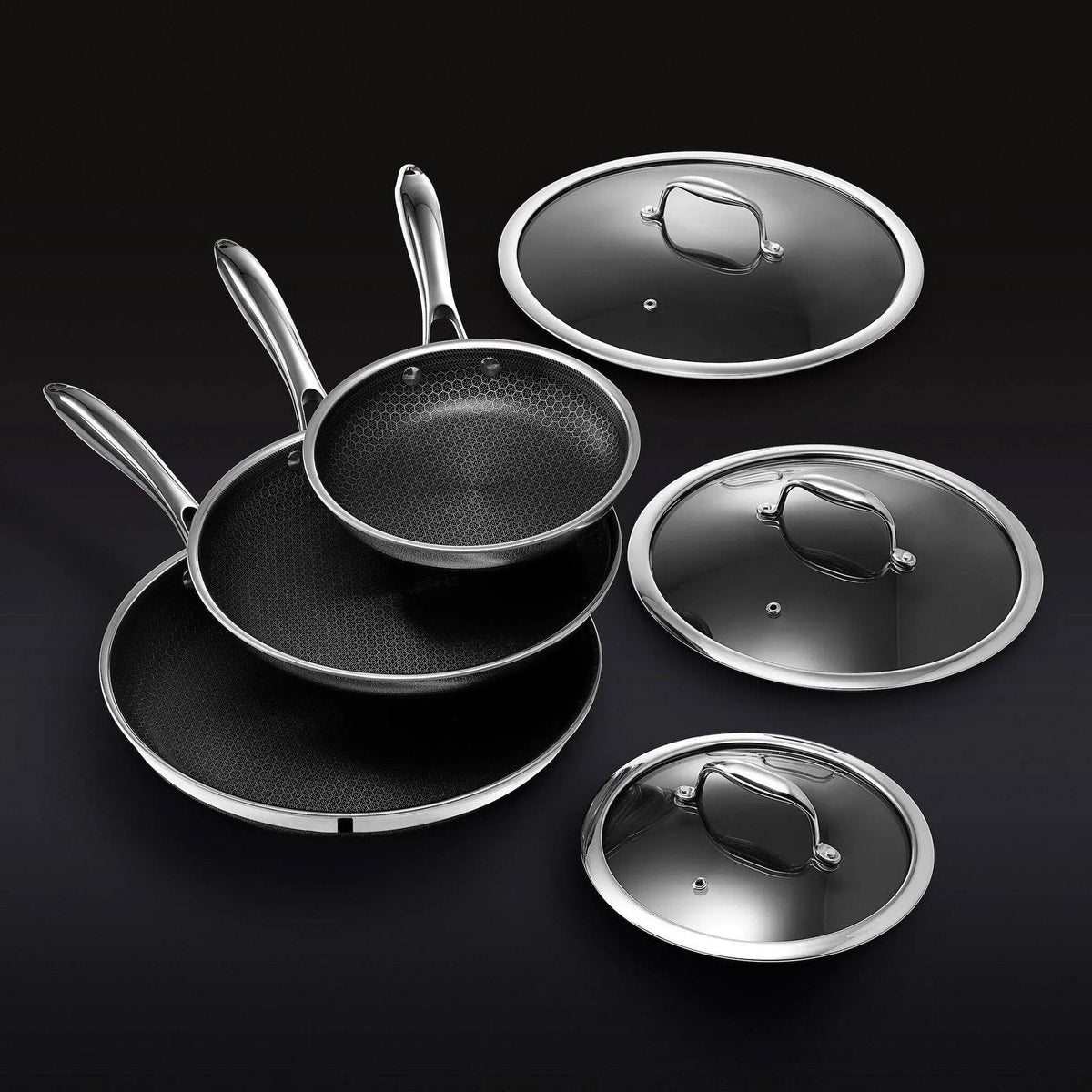 HexClad 6 Piece Hybrid Stainless Steel Cookware Pan Set 8 inch 10 inch 12 inch with Glass Lids Size: One size Black