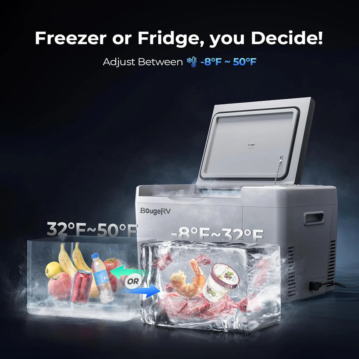 BougeRV 23 Quart Portable Car Refrigerator Freezer, Grey, 12/24V DC - CR22
