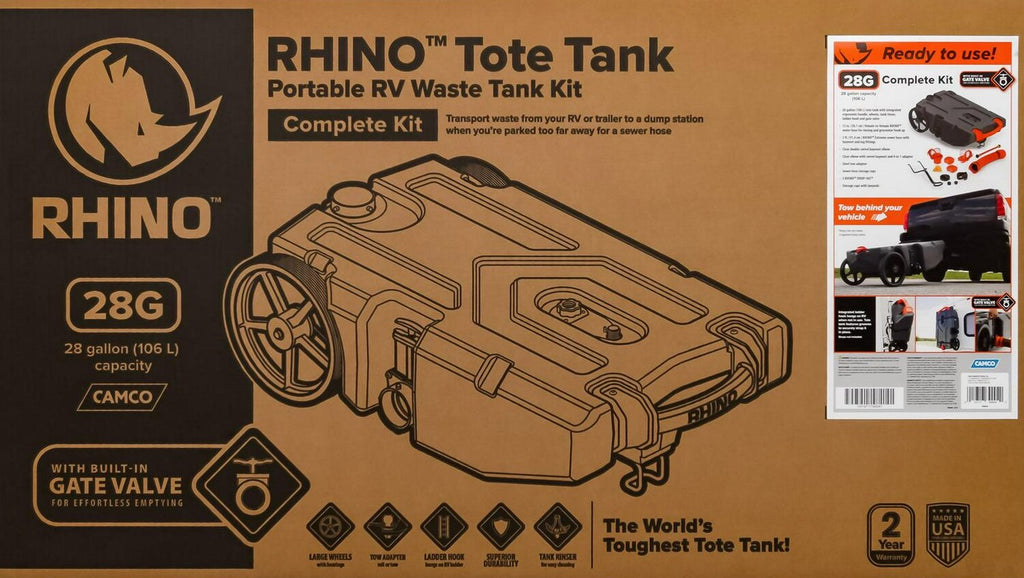 Camco Rhino Heavy Duty 28 Gallon Portable RV Waste Holding Tank with Hose and Accessories Durable Leak Free and Odorless RV Tote Tank (39004)