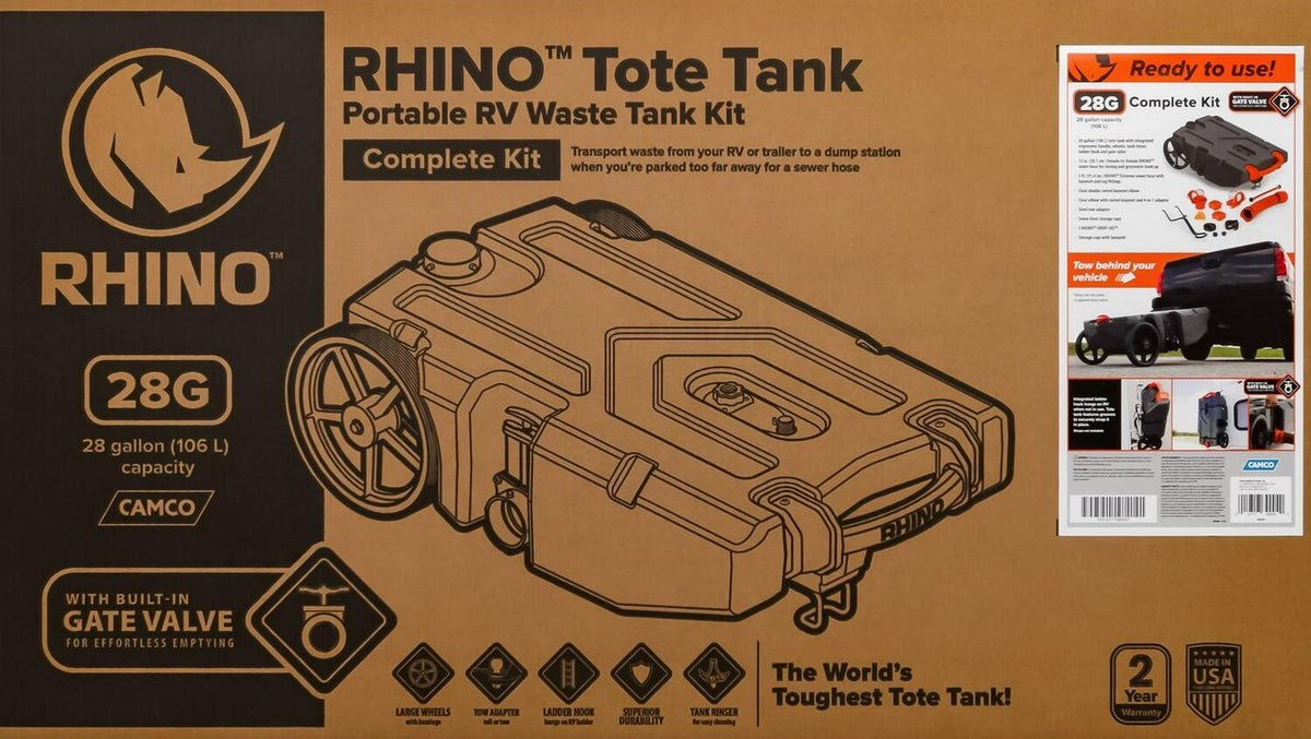 Camco Rhino Heavy Duty 28 Gallon Portable RV Waste Holding Tank with Hose and Accessories Durable Leak Free and Odorless RV Tote Tank (39004)