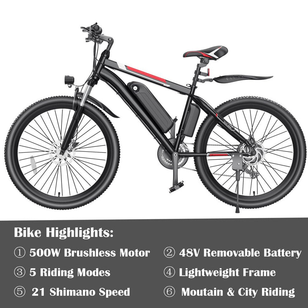 500W Electric Bike 26" Electric Bicycle for Adults with Cruise Control System Ebike