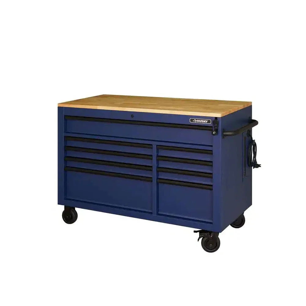 Heavy-Duty 52 in. 9-Drawer Mobile Workbench With Adjustable-Height Solid Wood Top - Matte Blue