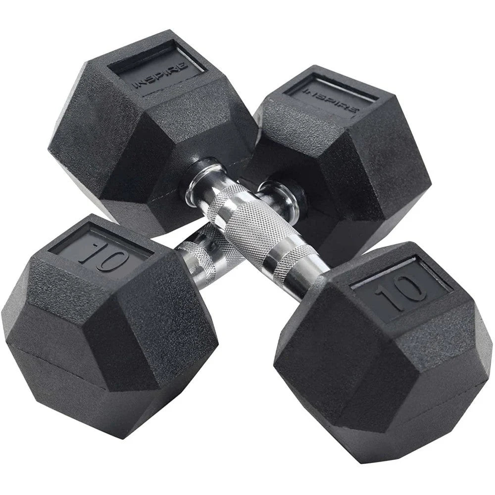 Inspire Fitness Rubber Dumbbell Set, 210 lb (5-30 lb), 6 Pair Vertical Rack