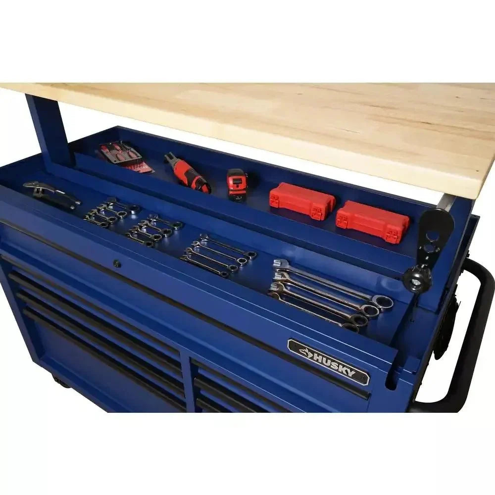 Heavy-Duty 52 in. 9-Drawer Mobile Workbench With Adjustable-Height Solid Wood Top - Matte Blue