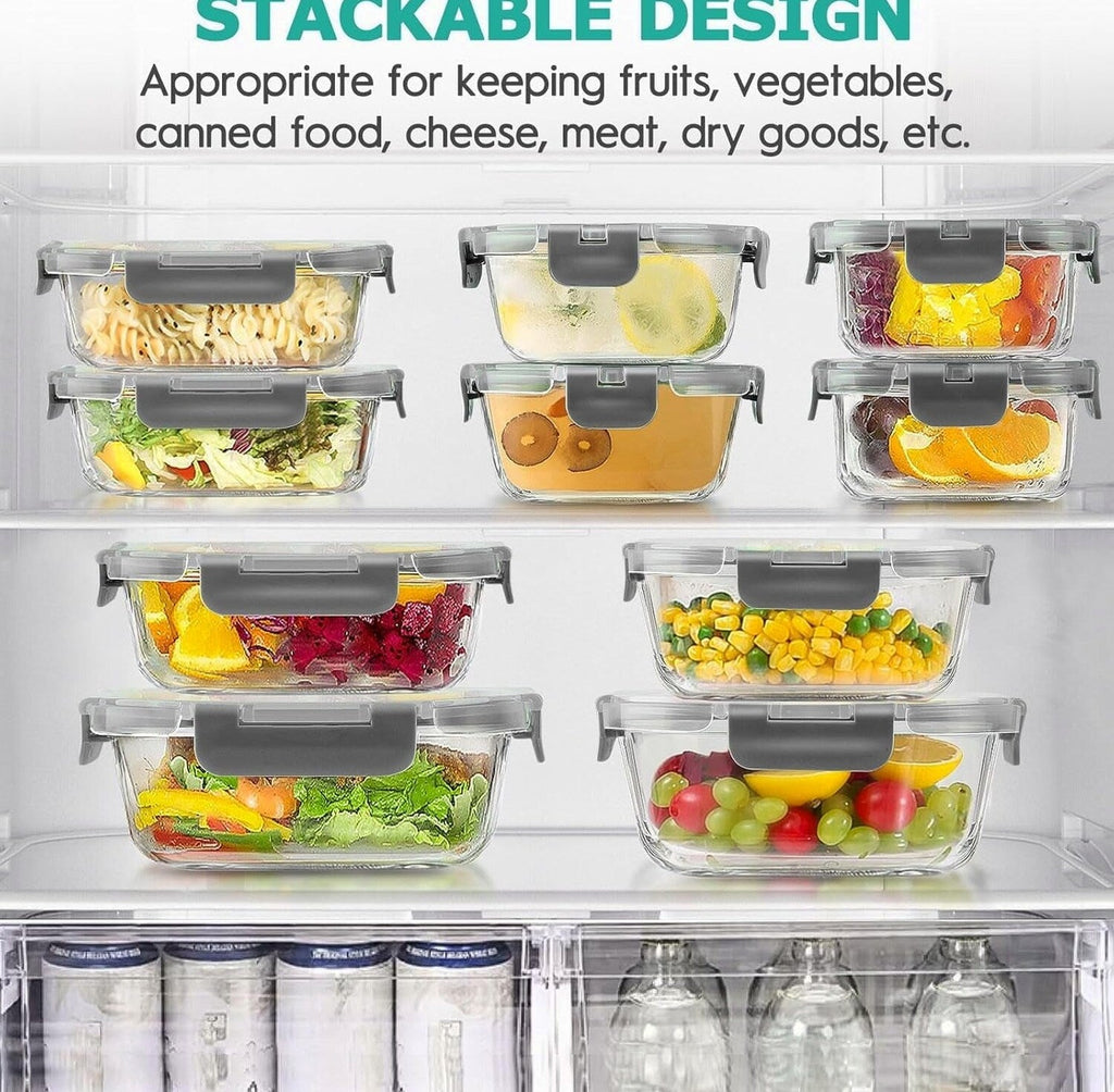 34pcs Glass Food Storage Containers with Lids Set, Airtight Meal Prep Containers (17 Containers &amp; 17 Lids), Grey