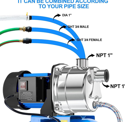 1.6HP Shallow Well Pump with Pressure Tank 1268 GPH Stainless Steel Jet Pump Transfer Drainage Booster Pump Garden Sprinkler System Water Pump for Home Garden Lawn Irrigation