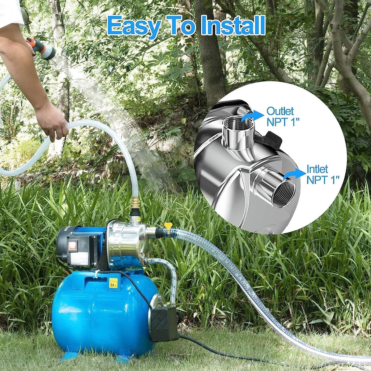 1.6HP Shallow Well Pump with Pressure Tank 1268 GPH Stainless Steel Jet Pump Transfer Drainage Booster Pump Garden Sprinkler System Water Pump for Home Garden Lawn Irrigation