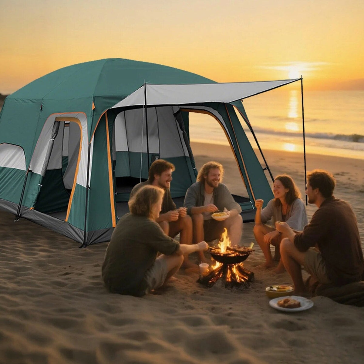 KFeng 12 Person Tents for Camping - 2Rooms 3Doors&amp;3Windows Mesh,Suitable for Outdoor/Picnic,Brown