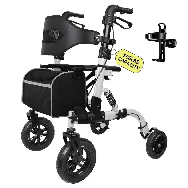 Heavy-Duty Senior Rollator Walker With Seat, 500lbs Capacity, 10 In Front Rubber Wheels