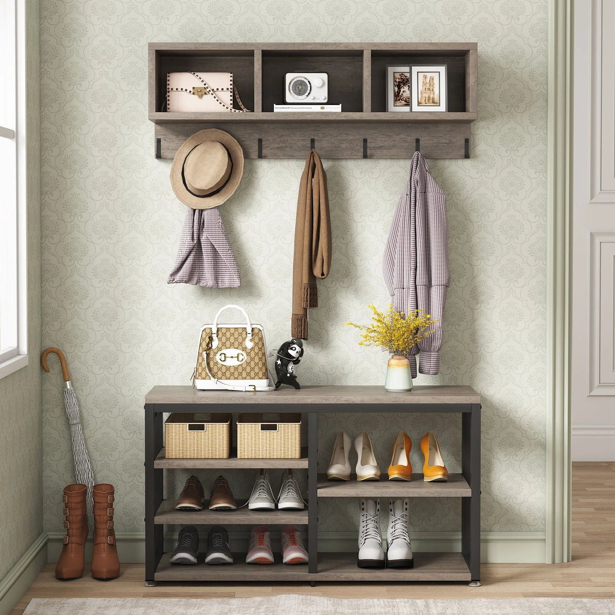 5-in-1 Entryway Hall Tree With Coat Rack, Shoe Bench, 7 Hooks, 3 Cubbies And 3-Tier Shoe Rack