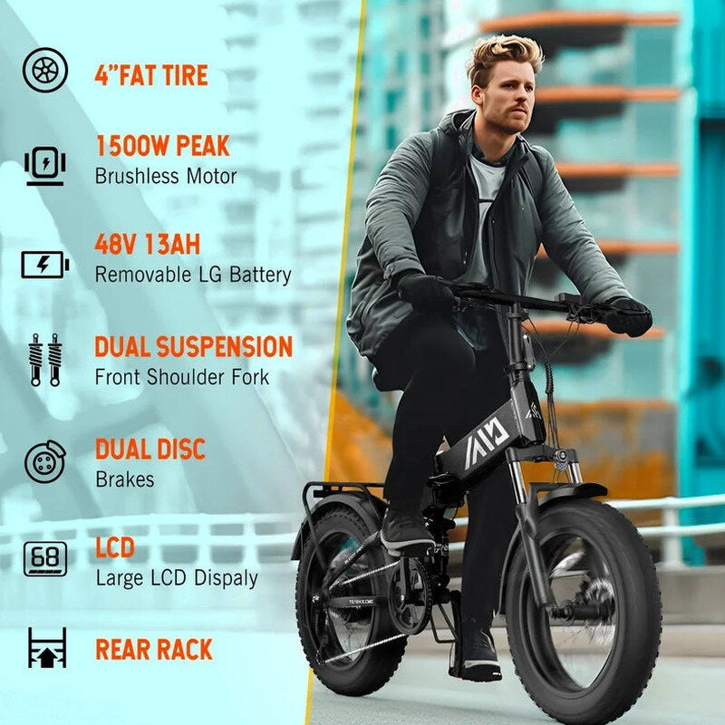 TST Electric Bike 4.0 Fat Tire Foldable Ebike 48V 13Ah Battery 750W Electric Commuter Bicycle with LCD 20" One-Step Folding Electric City Bike for Men Women Black