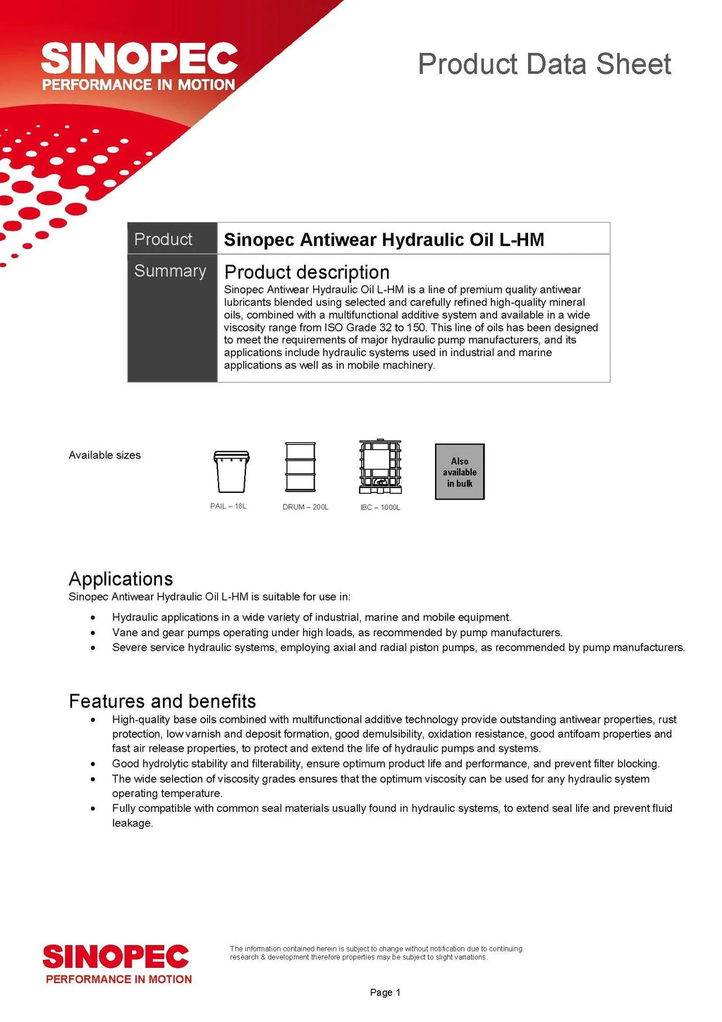 Sinopec AW 46 Anti-Wear Hydraulic Oil Fluid, 55 Gallon Drum (200L, 52.83 Gal) - L-HM 46