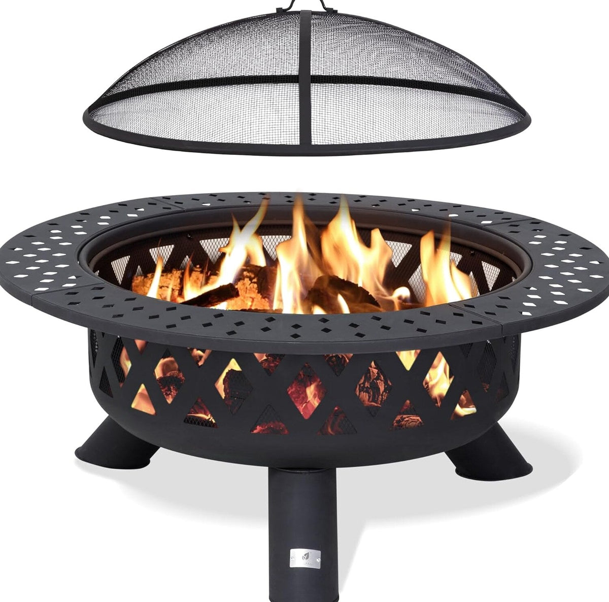 SUNCREAT 42” Patio Fire Pit Wood Burning with Mesh Spark Screen, Bonfire Outdoor firepit with Fireplace Poker, Black