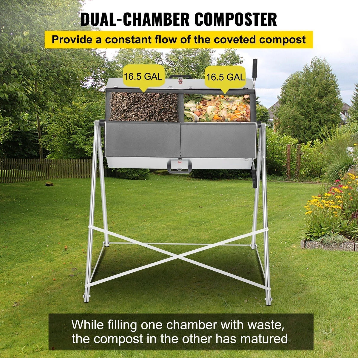33 Gallon Steel Outdoor Dual-Chamber Compost Tumbler Bin