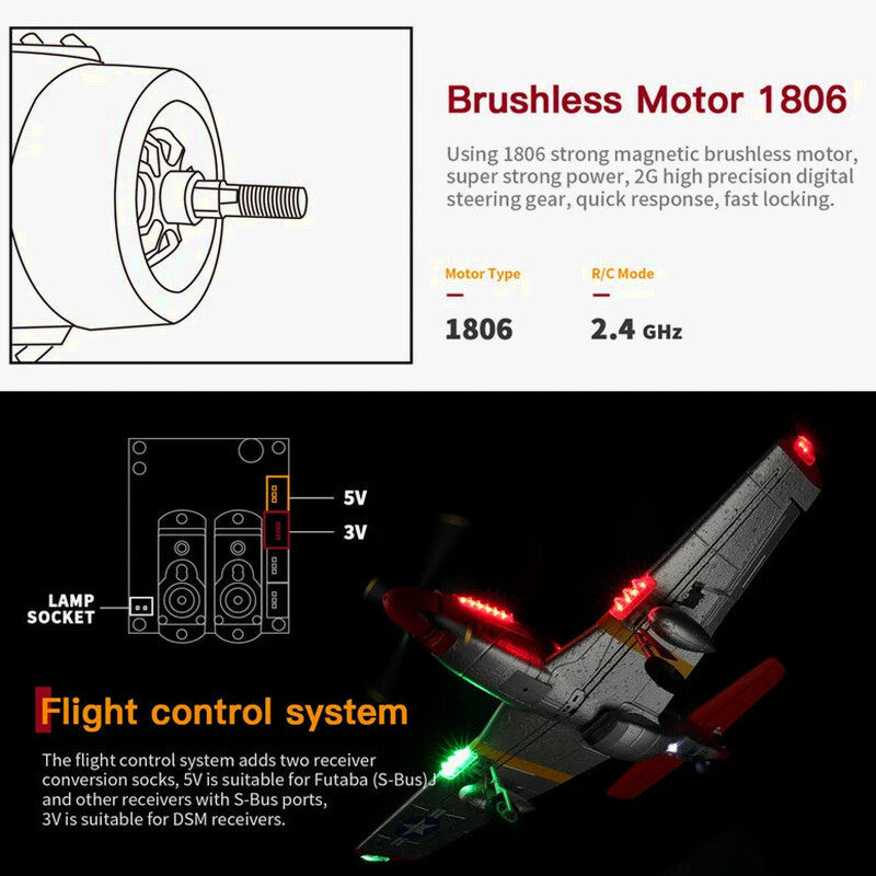 A280 RC Plane 2.4G 4CH 3D6G Mode Aircraft P51 Fighter Simulator with LED Searchlight RC Airplane Toys for Children