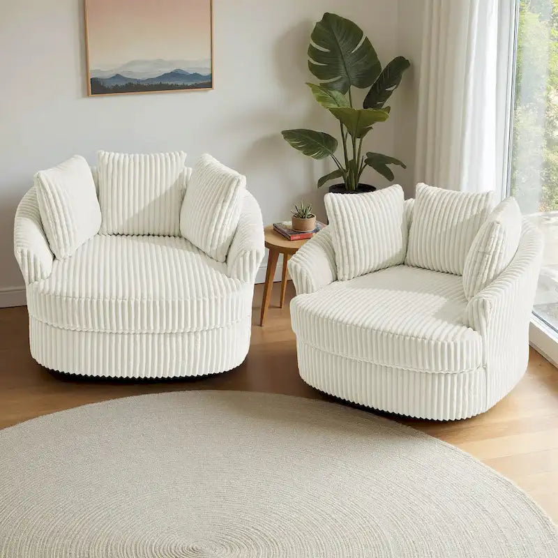 2-Piece Oversized 43 W Plush Corduroy Swivel Barrel Chairs With Pillows
