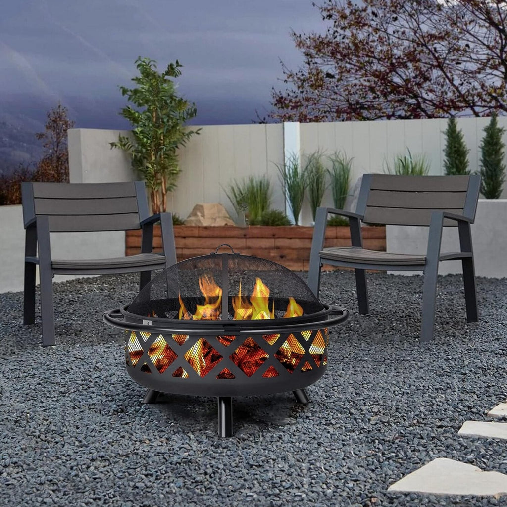 SUNCREAT 42” Patio Fire Pit Wood Burning with Mesh Spark Screen, Bonfire Outdoor firepit with Fireplace Poker, Black