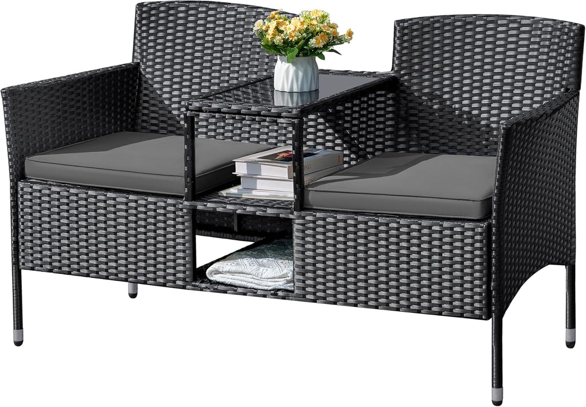 Flamaker Outdoor Wicker Patio Loveseat With Built-In Table And Cushions, Beige - 49.2 x 21.3 x 30.9 in