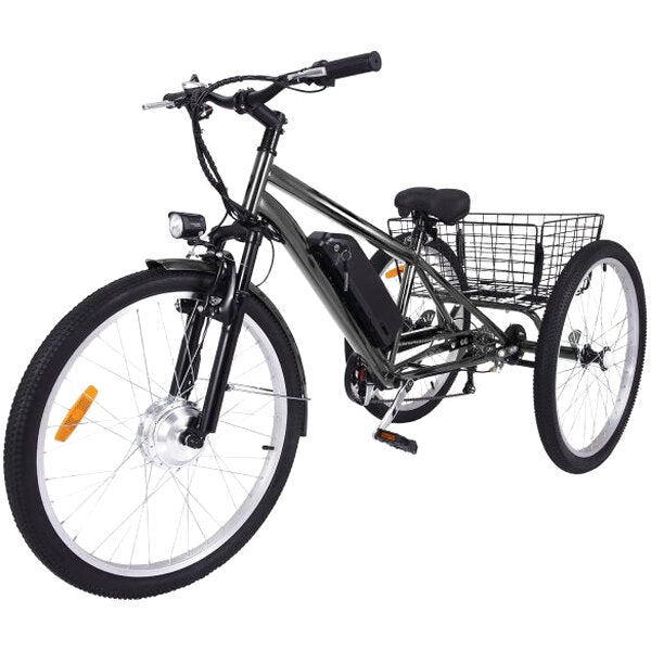 26 Inch Adult 3 Wheel Electric Tricycle with Basket, Fat Tires,7 Speeds,350W Powerful Motor, 36V 10Ah Removable Battery Dark Gray