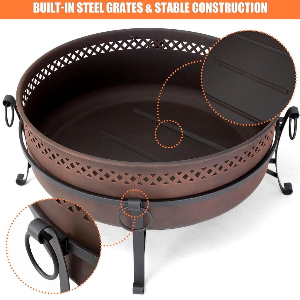 SUNCREAT 42” Patio Fire Pit Wood Burning with Mesh Spark Screen, Bonfire Outdoor firepit with Fireplace Poker, Black