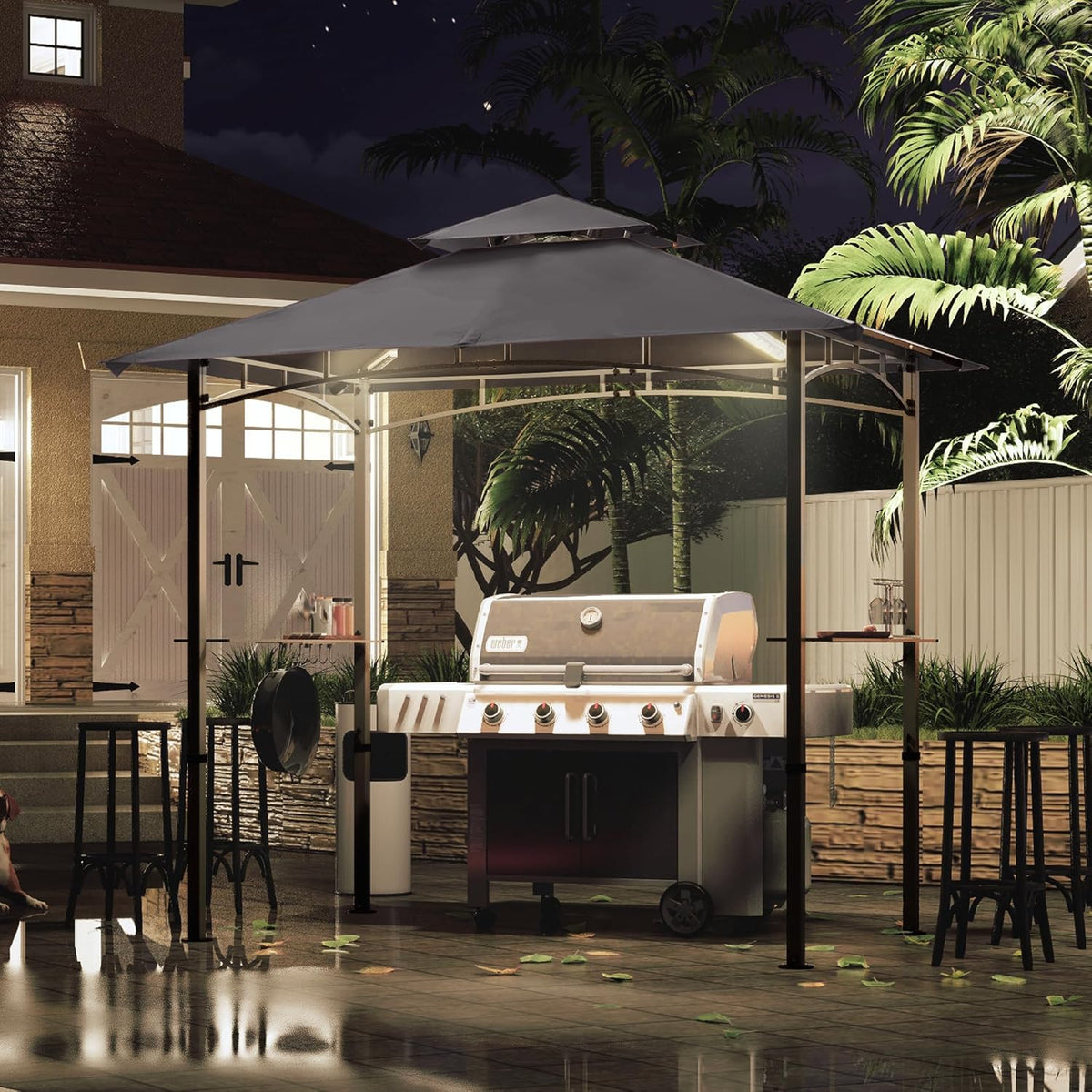 Outdoor Barbecue Shelter Canopy With LED Lights, 8 Feet By 5 Feet, Gray