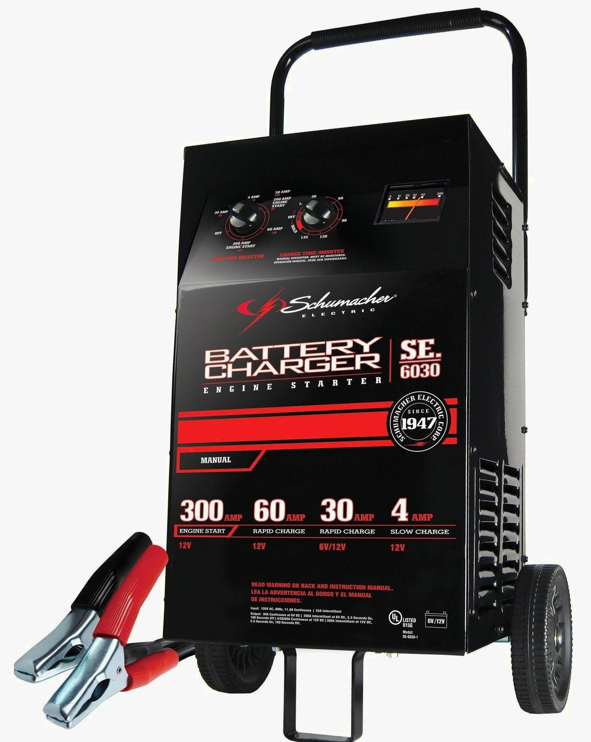 Schumacher Electric Wheeled Battery Charger and Engine Starter, SC1446, 2-in-1, manual timer control, 300 crank amps, 6 volts, 12 volts, for car, SUV, truck and Marine batteries