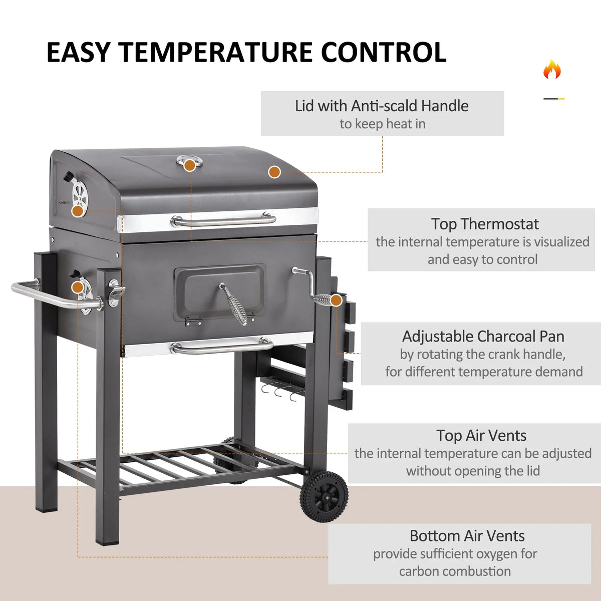 Outsunny Charcoal BBQ Grill, Gray, 45.25 in L x 22 in W x 42.5 in H - 846-013