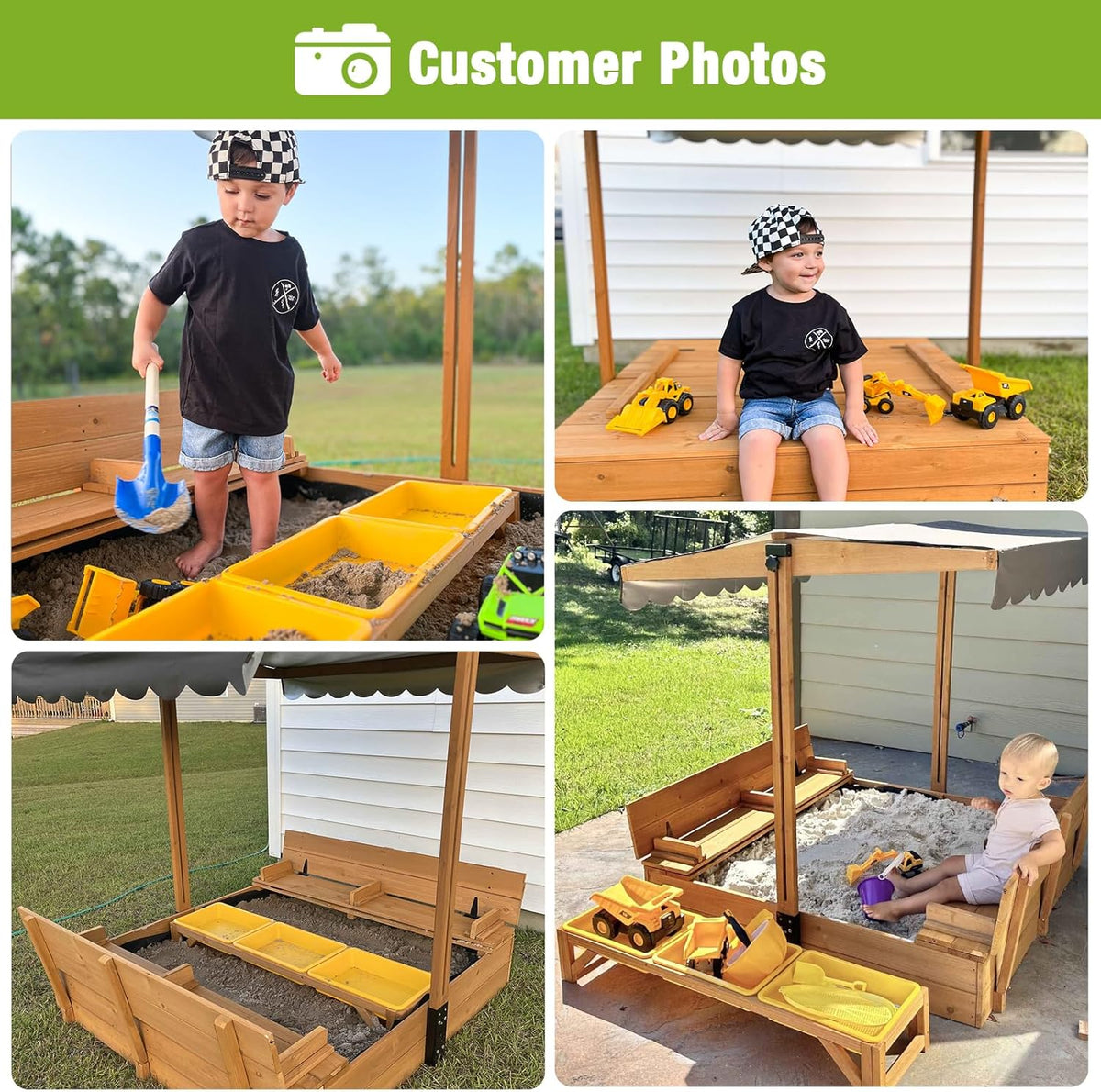 Kids Wooden Outdoor Sandbox With Retractable Canopy, 2 Foldable Bench Seats, 47 x 47 Inch