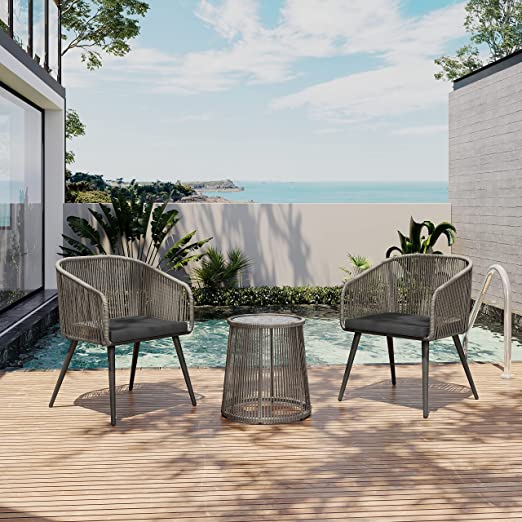East Oak 3-Piece Handwoven Wicker Patio Bistro Set With Cushions And Glass Table, 25 W x 24 D x 32 H