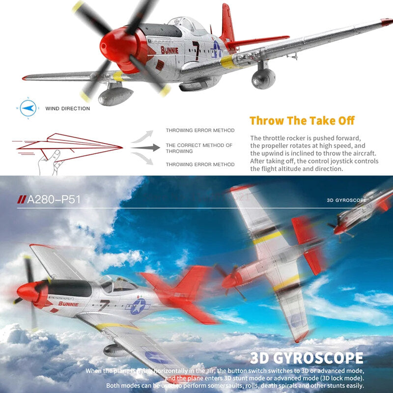 A280 RC Plane 2.4G 4CH 3D6G Mode Aircraft P51 Fighter Simulator with LED Searchlight RC Airplane Toys for Children