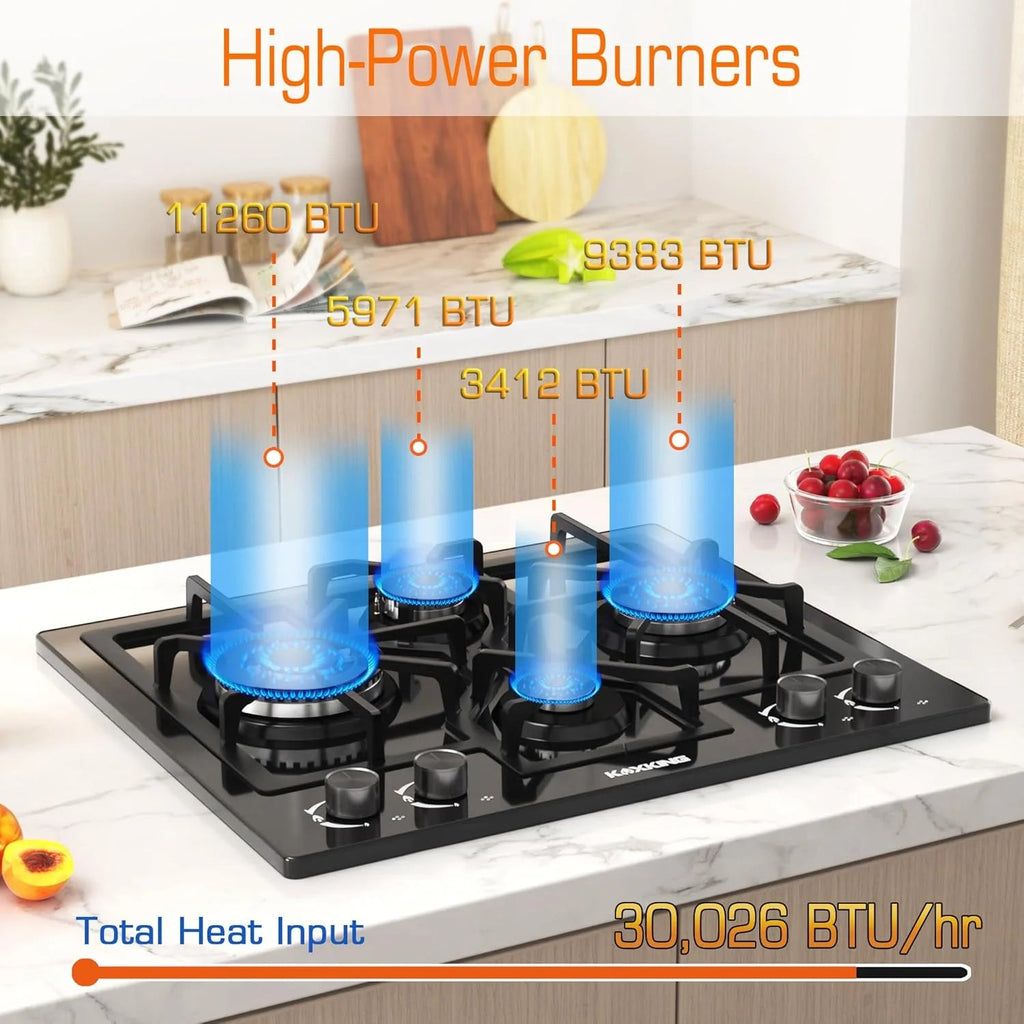 KOXKING 24 Inch Black Built-In Gas Cooktop, 4 Burner, Natural Gas & Propane